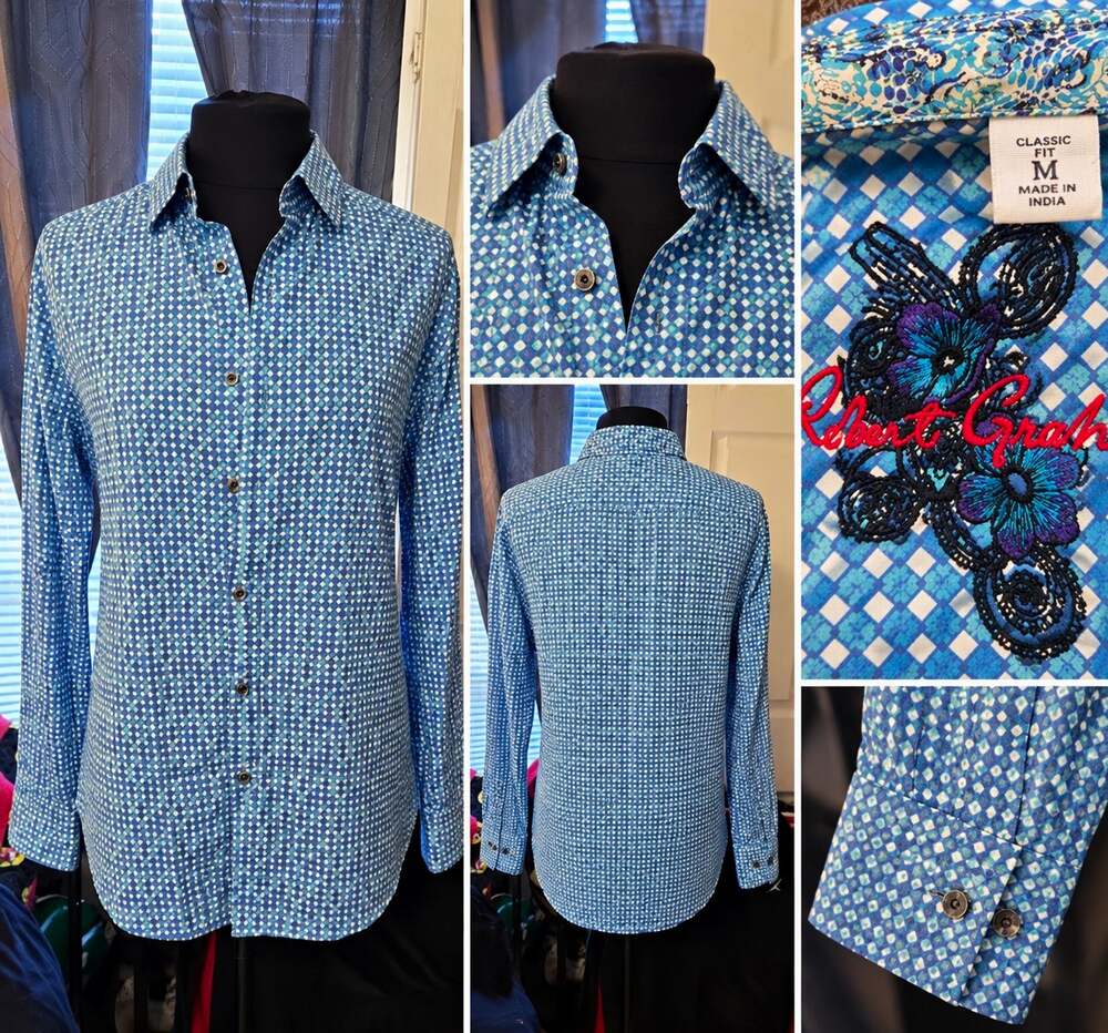 Robert Graham Men's M Blue/White Geometric Long Sleeve Button-Up Point Collar